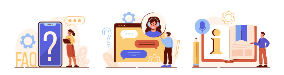 Frequency asked questions set. People contacting with helpdesk service. Customer support and feedback. Hotline operators and guidance. Cartoon flat vector illustrations isolated on white background