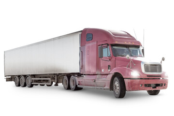 Red long-distance bonnet truck with a semitrailer isolated on transparent background