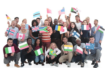 in full growth. funny diverse people with their national flags