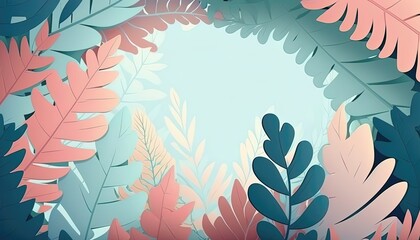  Pink and blue Foliage decorative frame in flat style Various abstract tropical leaves on a dark background. Generative Ai.