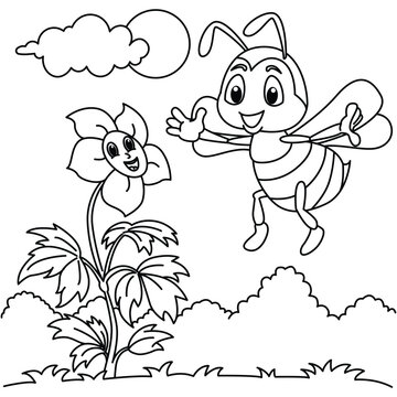 Funny bee cartoon vector coloring page
