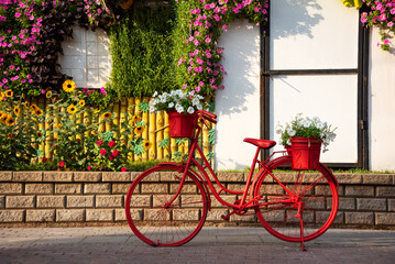 Obraz na płótnie Canvas Red bicycle with flowers in a garden