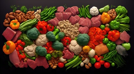 Keto diet concept - Vegetables, fish, meat, cheese, and nuts on a dark background generative ai 