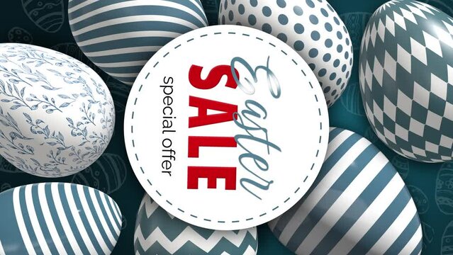 Vertical video. Easter sale banner. Eggs with blue geometric patterns. Looped animated background for spring shopping.