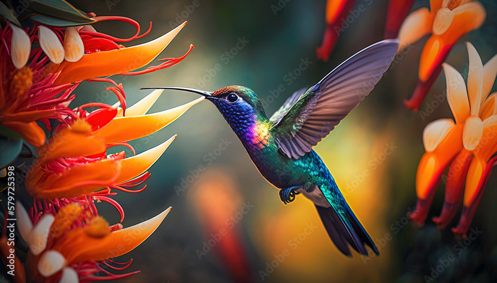 Wall mural Hummingbird flying to pick up nectar from a beautiful flower. Digital ai artwork