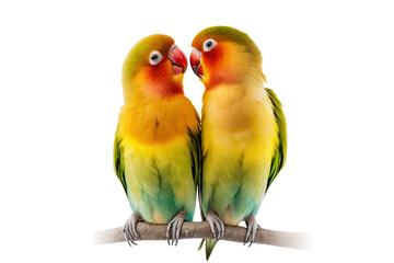 Naklejka na ściany i meble Two parrots perched on a branch, isolated on transparent background. PNG. close up of love bird. digital ai art