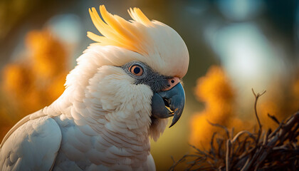 The white cockatoo (Cacatua alba), also known as the umbrella cockatoo, is a medium-sized all-white cockatoo endemic to tropical rainforest on islands of Indonesia. digital ai art