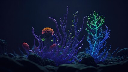 seaweed, algae, shells, and jellyfish in glowing neon generative AI