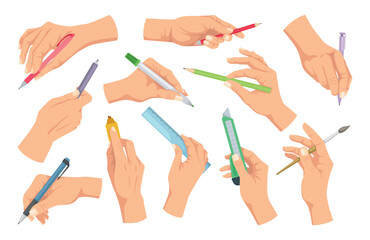 Writing tools in hand set. Character with colorful pencils, markers and pens. Students arm with ruler, brush and stationery knife. Cartoon flat vector illustrations isolated on white background
