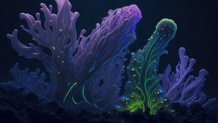 Fototapeta na wymiar seaweed, algae, shells, and jellyfish in glowing neon generative AI