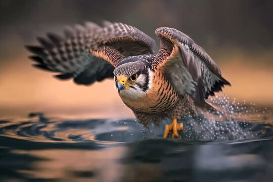 Falcon hunting on a lake. Isolated on blurred background. Stunning birds and animals in nature travel or wildlife photography made with Generative AI