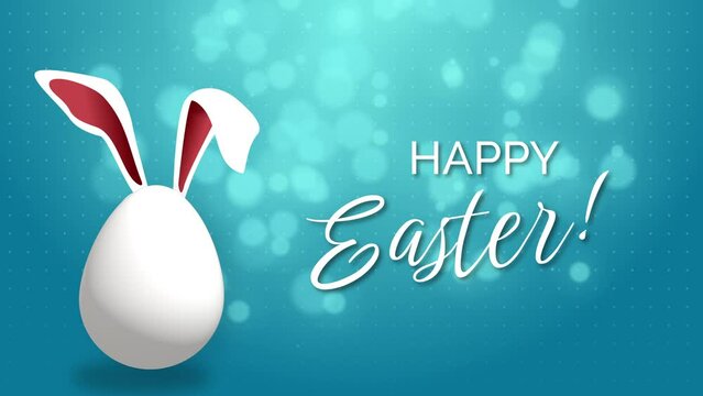 White jumping Easter egg with rabbit ears. Happy Easter. Looped festive animation of blue background with blurred circles.