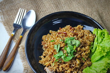 Fried rice in black plate,Train fried rice,Chinese style fried rice,Thai food.