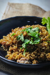 Fried rice in black plate,Train fried rice,Chinese style fried rice,Thai food.