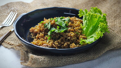Fried rice in black plate,Train fried rice,Chinese style fried rice,Thai food.