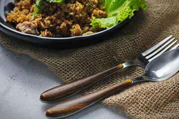 Fried rice in black plate,Train fried rice,Chinese style fried rice,Thai food.