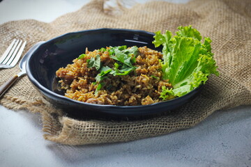 Fried rice in black plate,Train fried rice,Chinese style fried rice,Thai food.