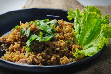 Fried rice in black plate,Train fried rice,Chinese style fried rice,Thai food.