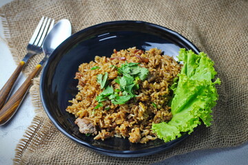 Fried rice in black plate,Train fried rice,Chinese style fried rice,Thai food.