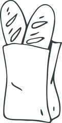 Hand drawn outline Illustration of a baguettes in a bag