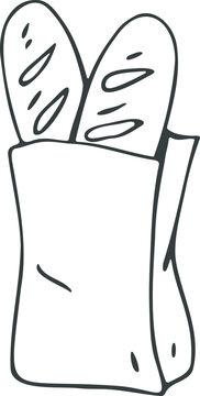recommend clip art: Hand drawn outline Illustration of a baguettes in a bag