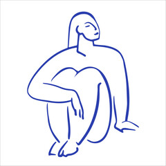 Nude sitting woman plus size.  Matisse style health girl figure. Body positive vector outline illustration for poster design. 