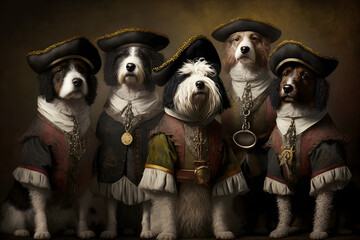 portrait of a group of dogs wearing vintage clothes,  illustration, generative ai