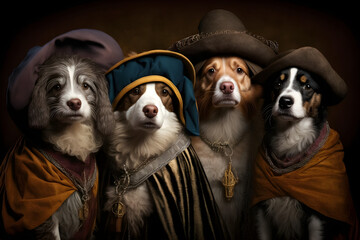 portrait of a group of dogs wearing vintage clothes,  illustration, generative ai