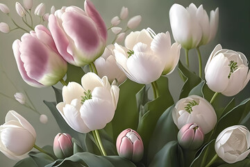 Tulips white pink pink. Copy space. generative AI