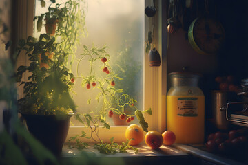 Kitchen Window with Plants, Tomatoes, Orange Juice and some other Utensils
