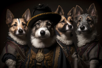 portrait of a group of dogs wearing vintage clothes,  illustration, generative ai