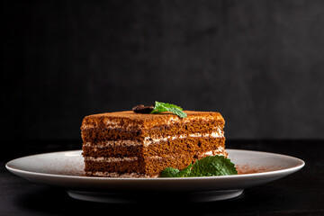 Italian dessert tiramisu on dark background.