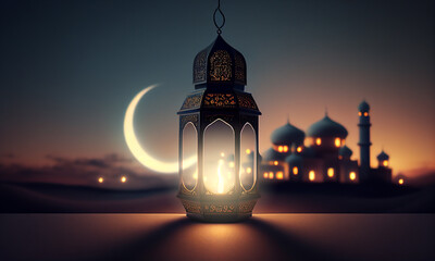 Ramadan Kareem greeting with serene mosque background with beautiful glowing lantern. Generative AI.