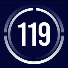 Number 119 design for business, print, books, movies, time-counting, companies in white, blue and blue gradient colors with half circles.