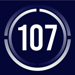 Number 107 design for business, print, books, movies, time-counting, companies in white, blue and blue gradient colors with half circles.