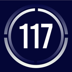 Number 117 design for business, print, books, movies, time-counting, companies in white, blue and blue gradient colors with half circles.