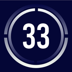 Number 33 design for business, print, books, movies, time-counting, companies in white, blue and blue gradient colors with half circles.