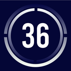Number 36 design for business, print, books, movies, time-counting, companies in white, blue and blue gradient colors with half circles.