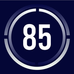 Number 85 design for business, print, books, movies, time-counting, companies in white, blue and blue gradient colors with half circles.