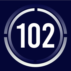 Number 102 design for business, print, books, movies, time-counting, companies in white, blue and blue gradient colors with half circles.