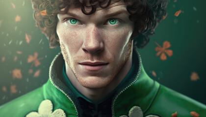 Young Irish man with green eyes and red hair on a green background with a four-leaf clover. St. Patrick's Day holiday concept. Lucky guy. Generative ai model	