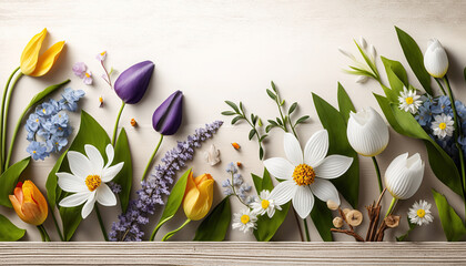 White wooden background with various spring flowers. Generative AI