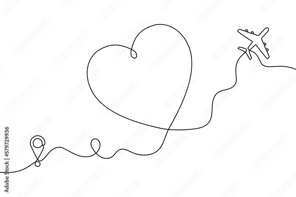 Poster Continuous one line drawing of airplane path in heart form. One single line airplane route with start point and hearted way, aircraft with heart shaped trace.
