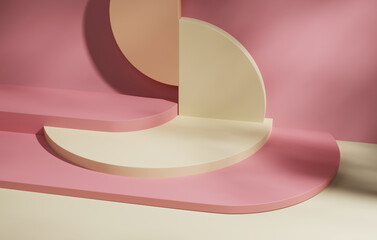 Geometric podium display stand showcases shadows of leaves on pastel pink background