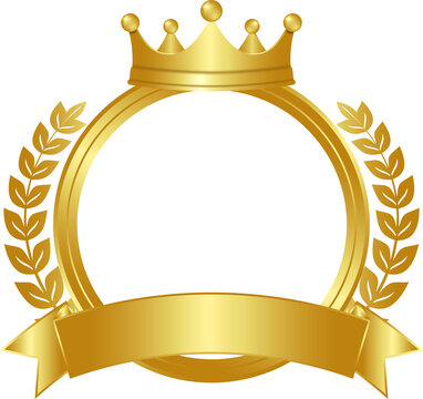 Gold crown, laurel wreath and circle frame. Winner sign with golden ribbon.