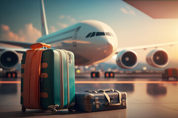 Travel concept: Suitcases in the airport with the airplane in the background. Generative AI