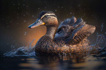 American Black Duck swimming in a pond. Isolated on dark blurred background. Stunning birds and animals in nature travel or wildlife photography made with Generative AI