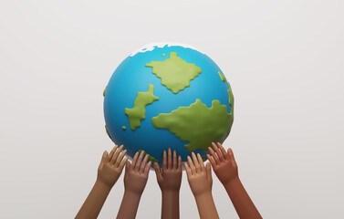 Hands touching earth on blue background.