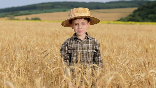 A smiling little farmer boy in a plaid shirt and straw hat poses for a photo in a wheat field. Heir of farmers.