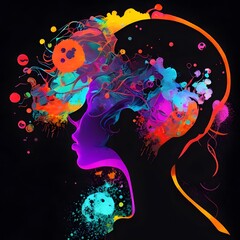 Colorful silhouette of a woman full of ideas on black background created with generative AI technology.